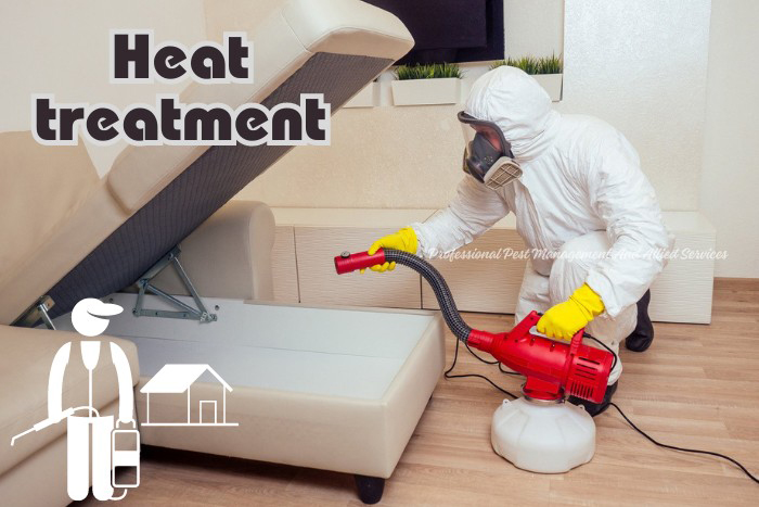 Pest control technician in protective gear performing heat treatment to exterminate pests, part of the comprehensive services offered by Professional Pest Management And Allied Services Pvt. Ltd. in Chennai