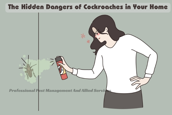 Illustration of a Chennai local tackling the hidden dangers of cockroaches with spray, a reminder of the reliable services from Professional Pest Management And Allied Services Pvt. Ltd.