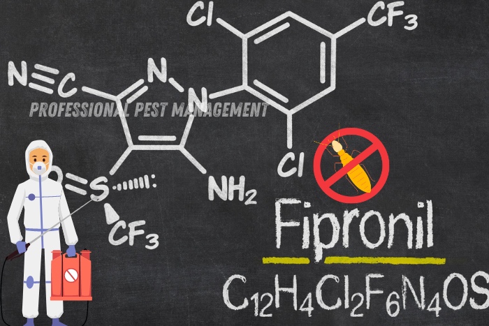 Chemical structure of Fipronil for termite control on a blackboard, with illustration of a pest control professional and no-termite sign, promoting Professional Pest Management's use of effective chemicals in Chennai