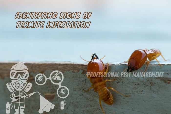 Close-up of termites on wood with 'Identifying Signs of Termite Infestation' text, promoting Professional Pest Management's termite inspection services in Chennai