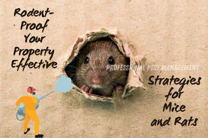 Mouse peeking through a hole in cardboard with 'Rodent-Proof Your Property: Effective Strategies for Mice and Rats' text, promoting Professional Pest Management's rodent control services in Chennai