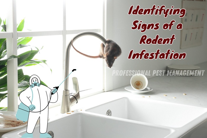 Rat perched on a kitchen faucet with 'Identifying Signs of a Rodent Infestation' text, promoting Professional Pest Management's rodent control services in Chennai