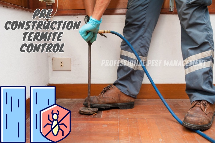 Technician performing pre-construction termite control treatment on wooden flooring, with 'Pre Construction Termite Control' text and termite icon, promoting Professional Pest Management's services in Chennai