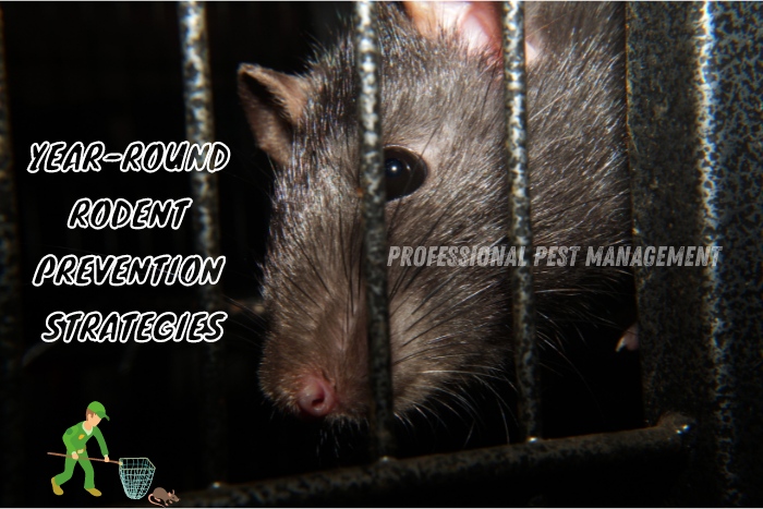 Close-up of a rodent behind bars with 'Year-Round Rodent Prevention Strategies' text, promoting Professional Pest Management's rodent control services in Chennai. Comprehensive strategies for year-round rodent prevention. Professional Pest Management ensures effective solutions to keep your home rodent-free throughout the year