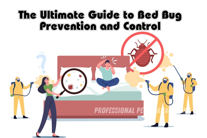 Illustration of bed bug prevention and control with professionals treating a bed. 'The Ultimate Guide to Bed Bug Prevention and Control' text, promoting Professional Pest Management's services in Chennai