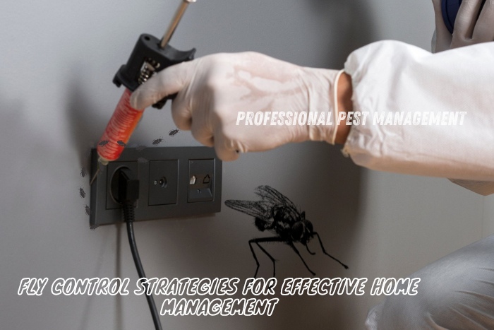 Pest control technician sealing an electrical outlet to prevent fly infestations, with 'Fly Control Strategies for Effective Home Management' text, promoting Professional Pest Management's fly control services in Chennai.
