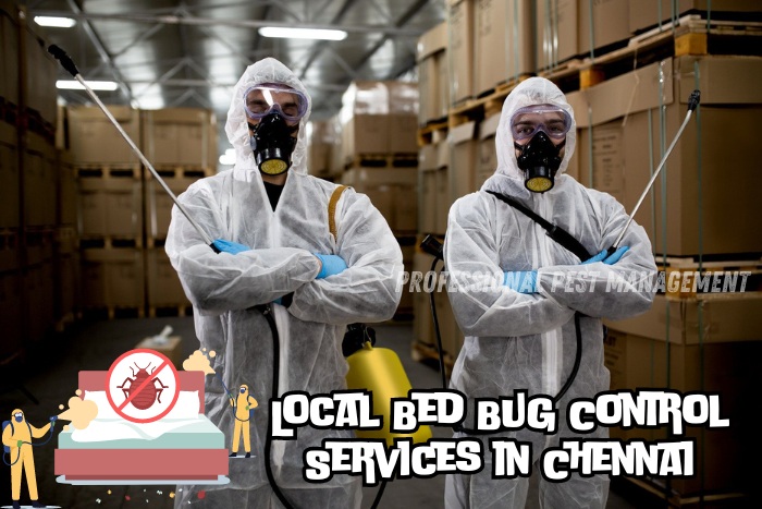 Pest control technicians in protective gear providing bed bug control services. 'Local Bed Bug Control Services in Chennai' text, promoting Professional Pest Management.