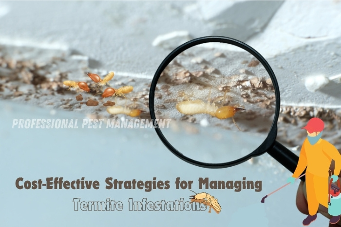 Magnifying glass showing termites with 'Cost-Effective Strategies for Managing Termite Infestations' text, promoting Professional Pest Management's termite control services in Chennai. Affordable termite treatment solutions to protect homes and businesses from termite damage in Chennai. Professional Pest Management ensures thorough inspections and effective termite eradication methods.