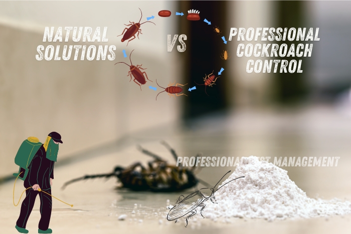 Comparison of natural solutions versus professional cockroach control with 'Natural Solutions vs Professional Cockroach Control' text, promoting Professional Pest Management's services in Chennai. Evaluate the best methods for effective cockroach eradication. Professional Pest Management offers both natural and professional solutions to keep homes cockroach-free