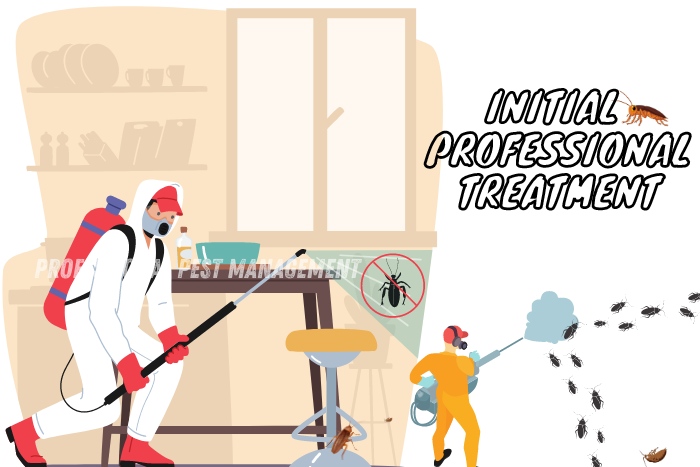 Illustration of pest control professionals performing treatment with 'Initial Professional Treatment' text, promoting Professional Pest Management's pest control services in Chennai. Effective initial treatments for eliminating various pests. Professional Pest Management offers thorough inspections and customized pest control solutions