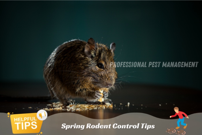 Close-up of a rodent eating with 'Spring Rodent Control Tips' text, promoting Professional Pest Management's rodent control services in Chennai. Essential tips for preventing rodent infestations in spring. Professional Pest Management offers effective rodent control solutions.