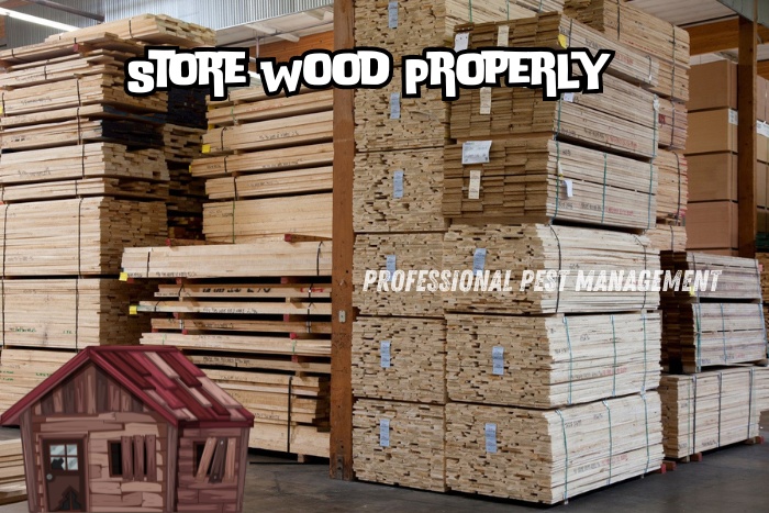 Stacks of stored wood with 'Store Wood Properly' text, promoting Professional Pest Management's wood storage tips and pest prevention services in Chennai