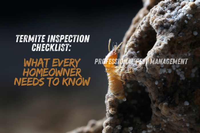 Image showing a termite on a wooden structure with the text "Termite Inspection Checklist: What Every Homeowner Needs to Know". Essential tips for termite control and prevention in Chennai by Professional Pest Management And Allied Services Pvt. Ltd. Ensure your home is termite-free with our comprehensive inspection services.