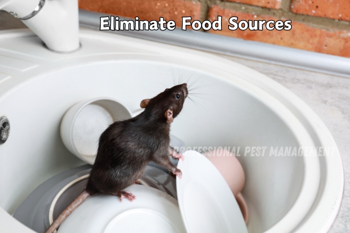 Rat in a kitchen sink among dirty dishes, highlighting the importance of eliminating food sources to prevent infestations. Contact Professional Pest Management and Allied Services Pvt. Ltd. for expert rodent control solutions in Chennai.