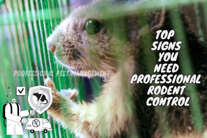 A close-up of a rodent behind a cage, with the text "Top Signs You Need Professional Rodent Control." For reliable rodent control in Chennai, trust Professional Pest Management And Allied Services Pvt. Ltd. Identify top signs of infestations and get expert solutions to keep your home rodent-free.