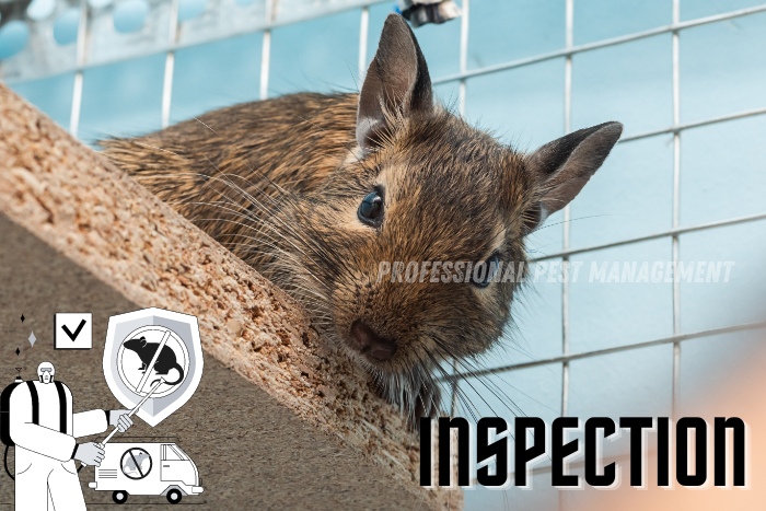 Close-up of a rodent with text 'Inspection' by Professional Pest Management And Allied Services Pvt. Ltd, Chennai. Highlighting professional rodent inspection services to identify and eliminate infestations effectively