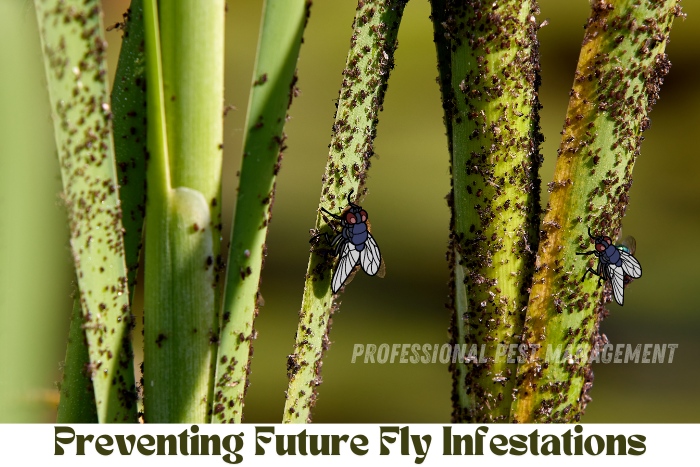 Two flies resting on plants infested with pests, demonstrating the need for preventive fly control measures. Professional Pest Management And Allied Services Pvt. Ltd. in Chennai offers expert services to prevent future fly infestations in residential and commercial spaces