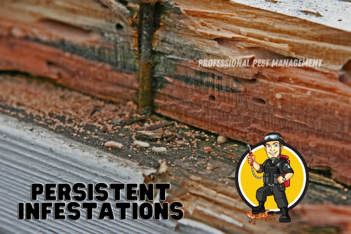 Professional Pest Management And Allied Services Pvt. Ltd. addresses the issue of persistent infestations. The image shows signs of wood damage and pest activity, indicating a serious problem that requires expert intervention. This serves as a reminder for homeowners in Chennai to seek professional pest control solutions to effectively manage and eliminate stubborn pest infestations