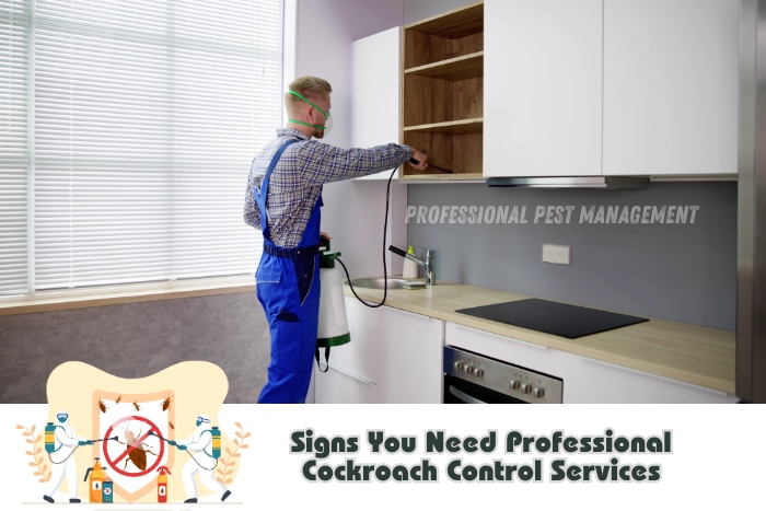 Professional Pest Management And Allied Services Pvt. Ltd. highlights the signs you need professional cockroach control services. The image shows a technician applying pest control treatment in a kitchen area, indicating proactive measures against cockroach infestations. This service is essential for homeowners in Chennai to ensure their living spaces remain pest-free and safe