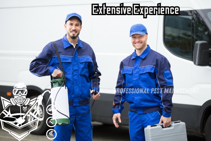 Professional Pest Management And Allied Services Pvt. Ltd. showcases its extensive experience in pest control. The image features two technicians smiling and holding pest control equipment, emphasizing their expertise and readiness to tackle pest problems. This highlights our commitment to providing reliable pest management solutions for homeowners in Chennai.