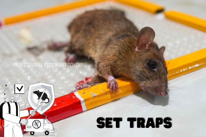 Professional Pest Management And Allied Services Pvt. Ltd. demonstrates the effectiveness of setting traps for rodent control. The image shows a mouse caught in a glue trap, highlighting the importance of using traps to manage rodent infestations. This service is essential for homeowners in Chennai looking for efficient solutions to eliminate pests from their properties