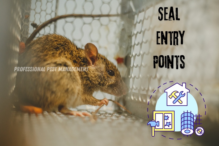 Professional Pest Management And Allied Services Pvt. Ltd. emphasizes the importance of sealing entry points to prevent rodent infestations. The image shows a mouse inside a trap, highlighting the need to secure potential entry points to stop pests from entering homes. This service is crucial for homeowners in Chennai looking to safeguard their properties from pest invasions